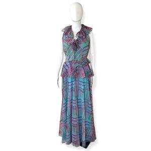 1970s plaid pastel ruffle dress full length stunner